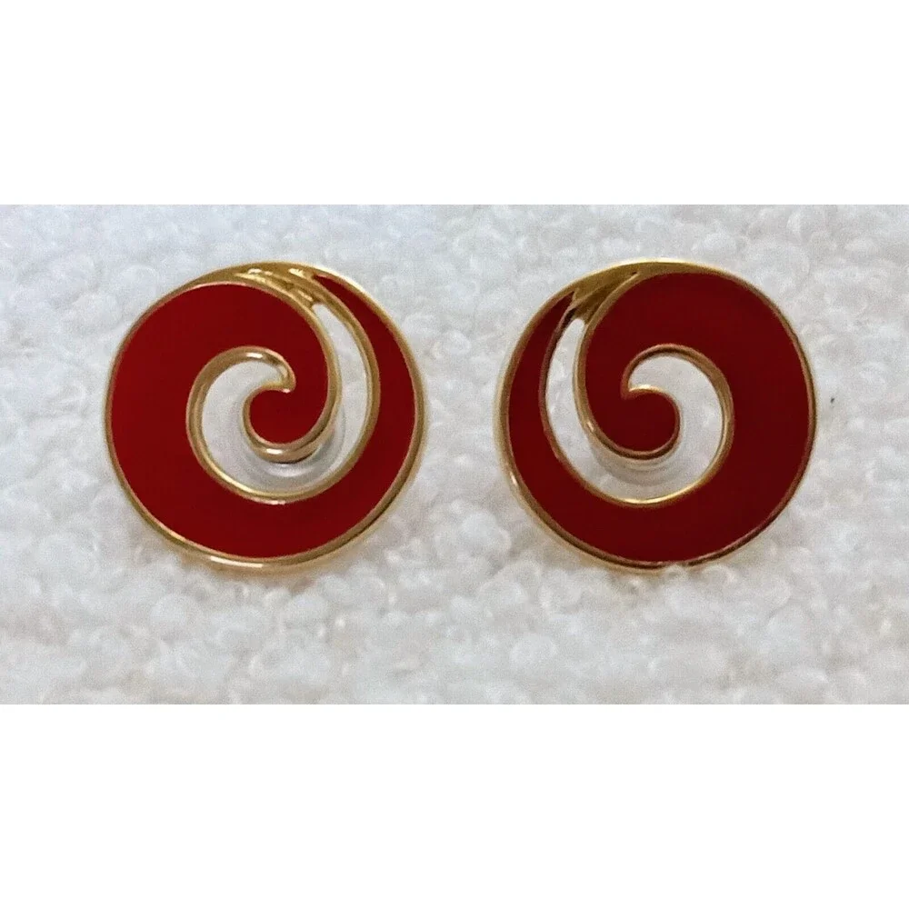 Vintage Monet Goldtone Red Enamel Swirl Post Earrings - Picture 7 of 8